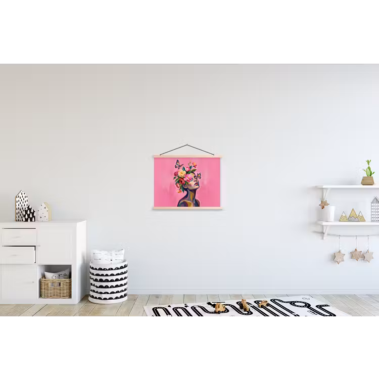 Vrouwengezicht - Vlinders - Kleurrijk textielposter latten blank klein -kinderkamer