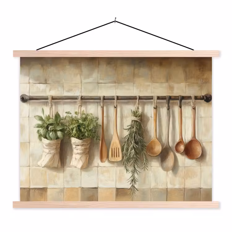 Hout - Keukengerei - Stilleven - Tegels textielposter latten blank klein -3d