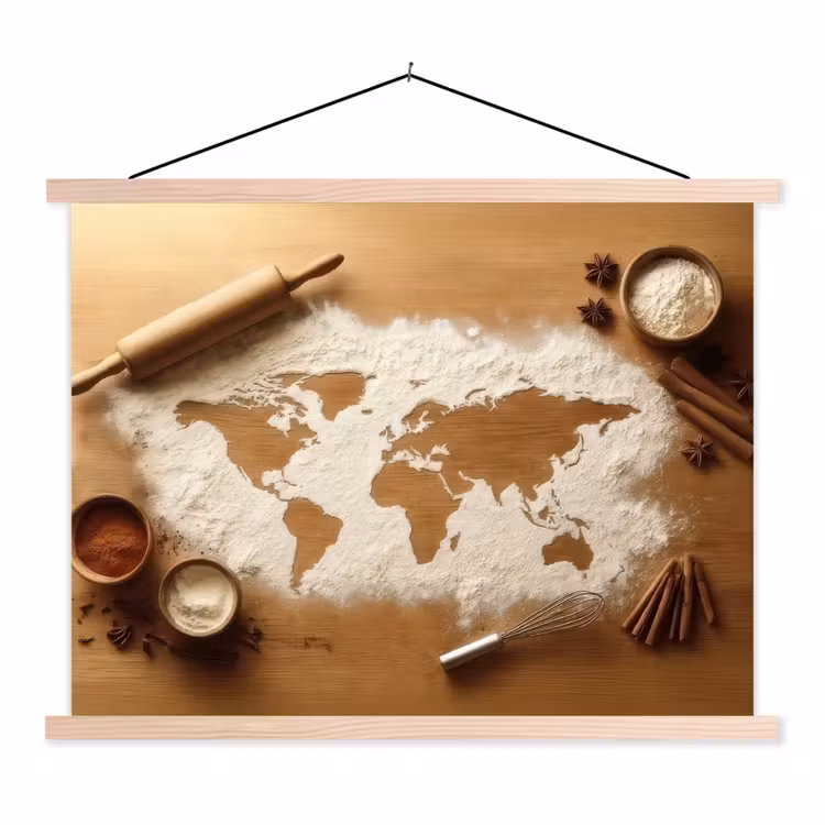Hout - Wereldkaart - Bakken - Keuken textielposter latten blank klein -3d