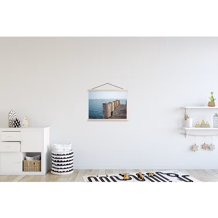 Houten steiger - Helderblauwe lucht textielposter latten blank klein -kinderkamer