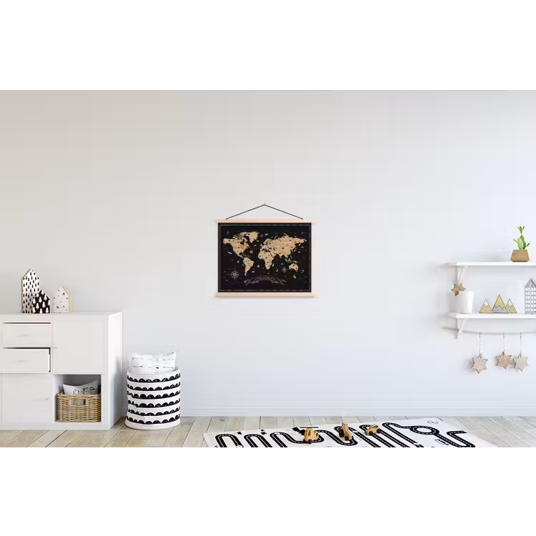 Wereldkaart - Beige - Zwart textielposter latten blank klein -kinderkamer
