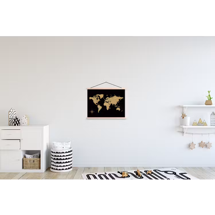 Wereldkaart - Beige - Zwart textielposter latten blank klein -kinderkamer