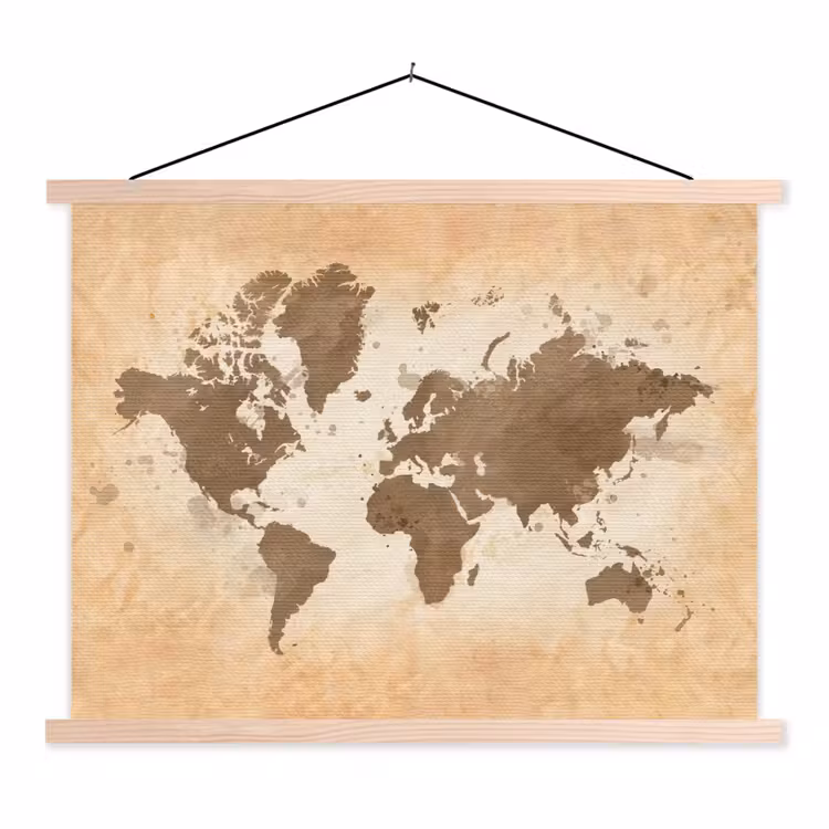 Wereldkaart - Beige - Bruin textielposter latten blank klein -3d