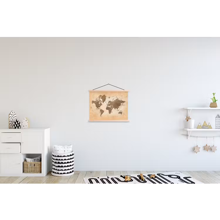 Wereldkaart - Beige - Bruin textielposter latten blank klein -kinderkamer