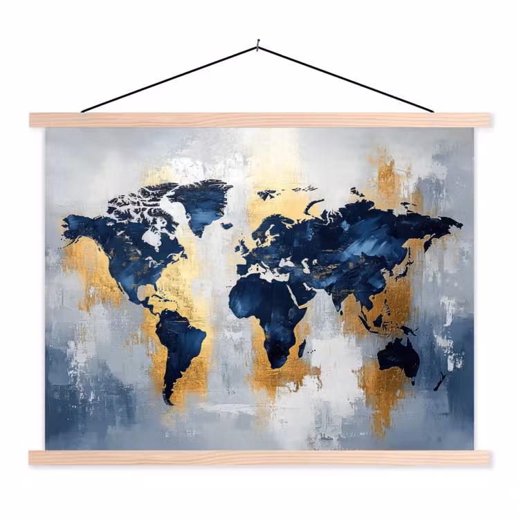 Wereldkaart - Blauw - Abstract textielposter latten blank klein -3d