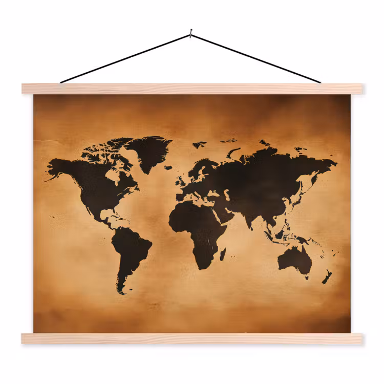 Wereldkaart - Bruin - Kaart textielposter latten blank klein -3d