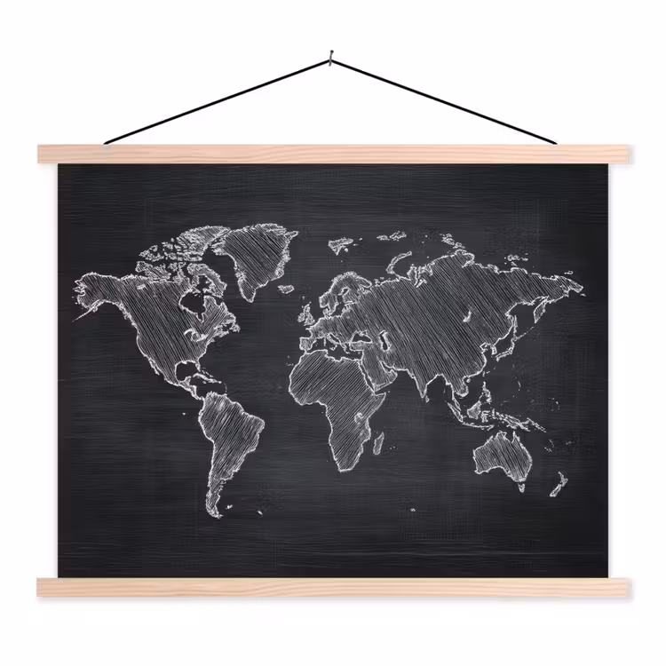 Wereldkaart - Krijt - Zwart - minimalistisch textielposter latten blank klein -3d