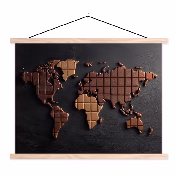 Wereldkaart - chocola - Smakelijke uitstraling textielposter latten blank klein -3d