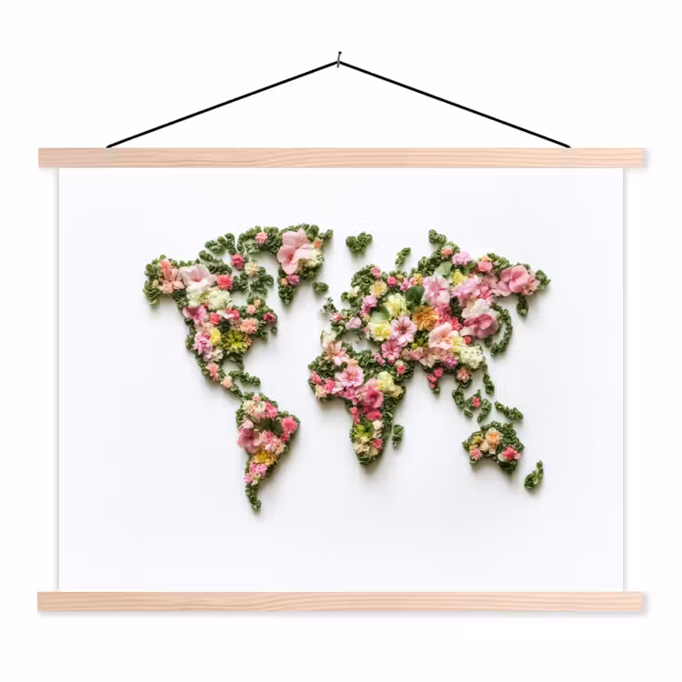 Wereldkaart - Kleurrijk - Bloemen - Lente textielposter latten blank klein -3d