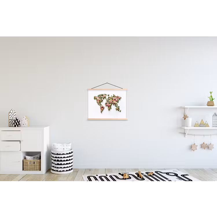 Wereldkaart - Kleurrijk - Bloemen - Lente textielposter latten blank klein -kinderkamer