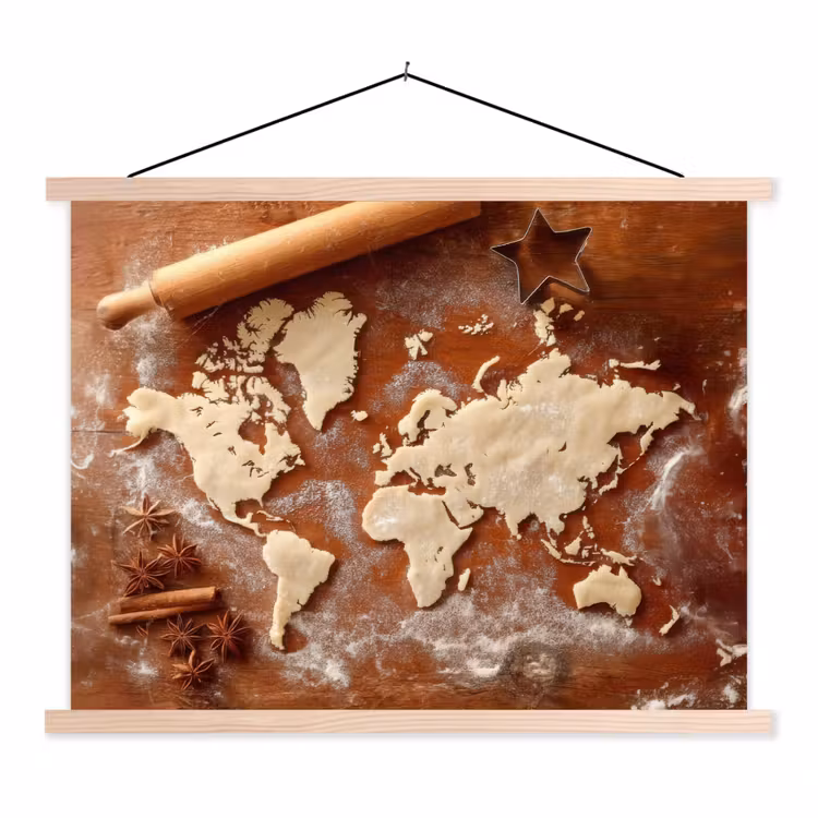 Wereldkaart - Koekjesdeeg - Warme baksfeer textielposter latten blank klein -3d