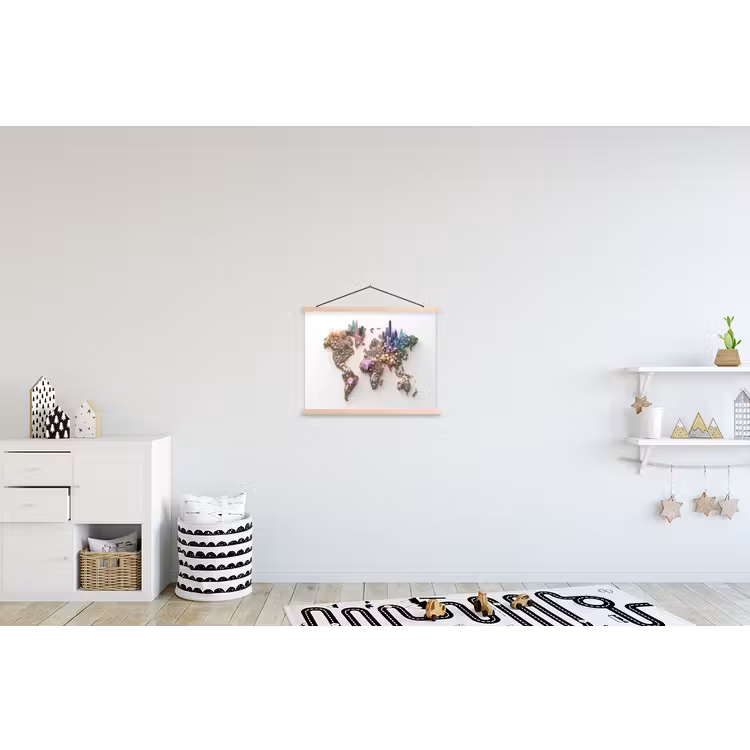 Wereldkaart - Kristallen - Unieke tinten textielposter latten blank klein -kinderkamer