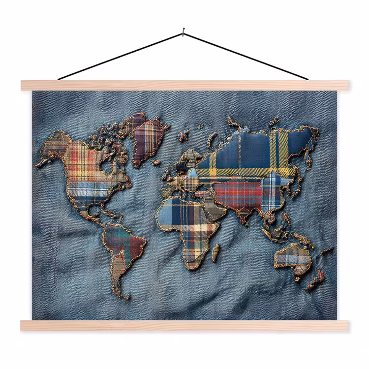 Wereldkaart - Denim - Textiel textielposter latten blank klein -3d