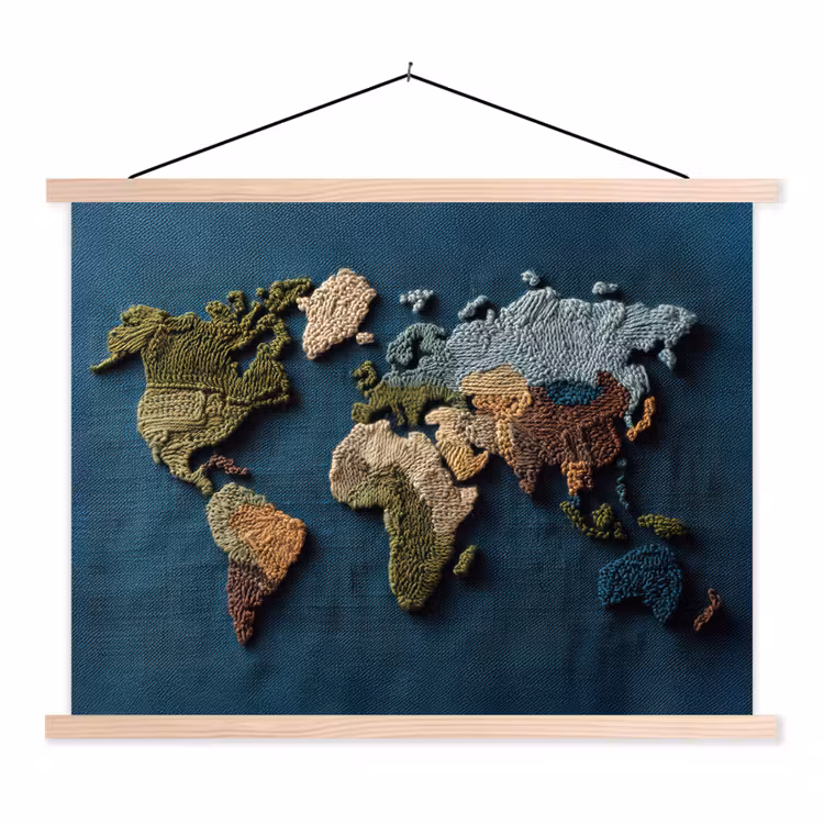 Wereldkaart - Geborduurd - Verschillende tinten textielposter latten blank klein -3d