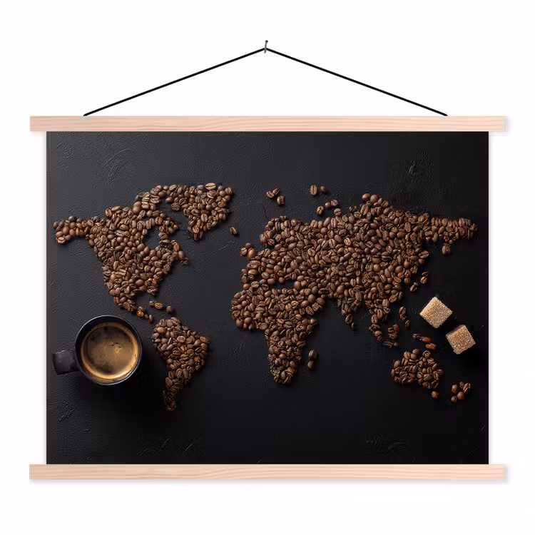 Wereldkaart - Espresso - Zwart textielposter latten blank klein -3d