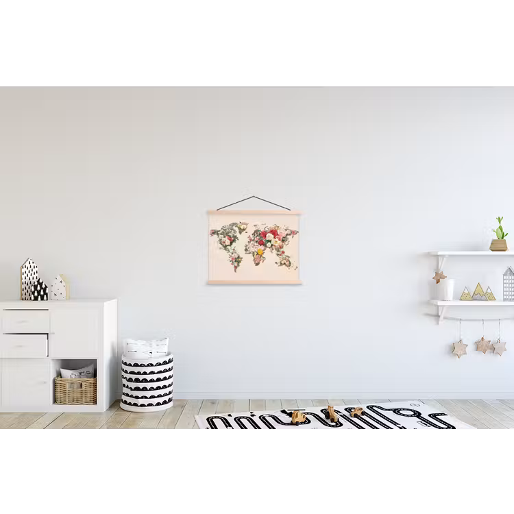 Wereldkaart - Bloemen - Roze textielposter latten blank klein -kinderkamer