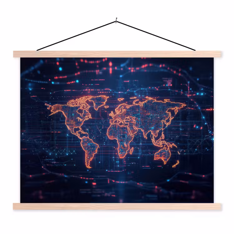 Wereldkaart - Futuristisch - Oranje textielposter latten blank klein -3d
