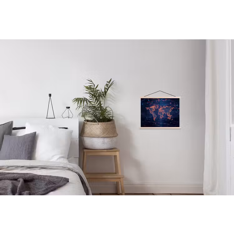 Wereldkaart - Futuristisch - Oranje textielposter latten blank klein -woonkamer