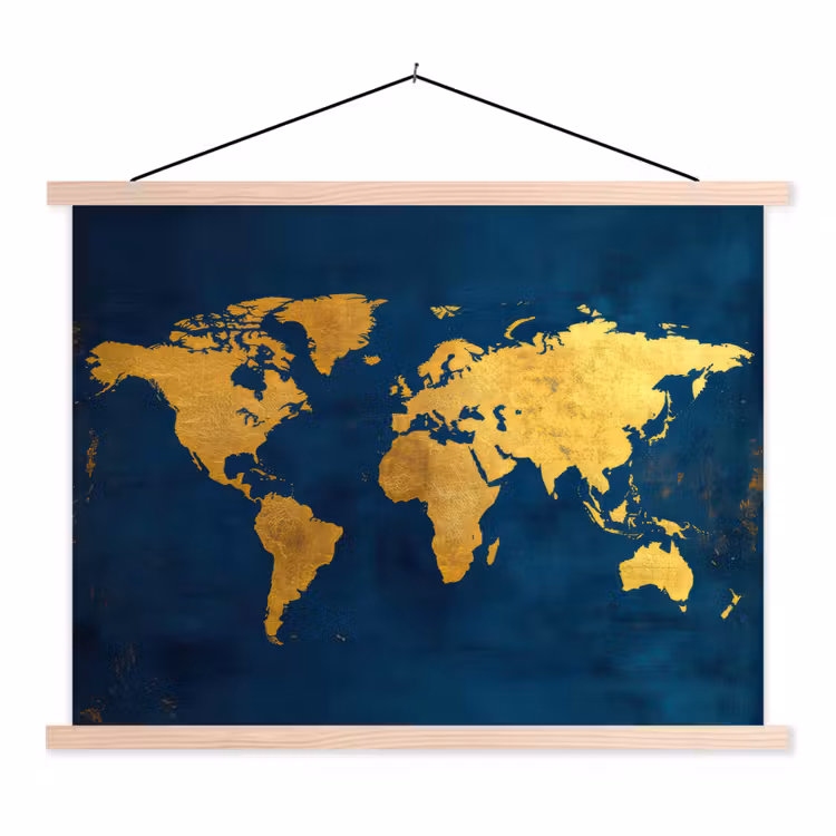 Wereldkaart - Goud - Donkerblauw textielposter latten blank klein -3d