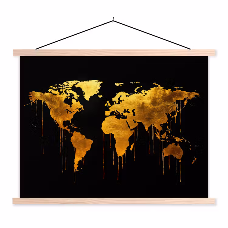 Wereldkaart - Goud - Druipen - Zwart textielposter latten blank klein -3d