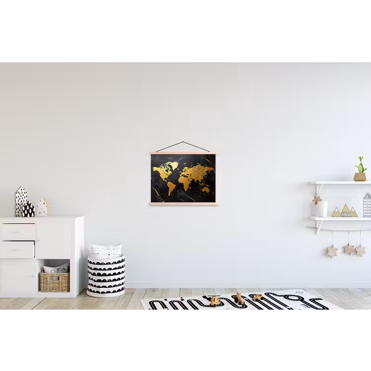 Wereldkaart - Goud - Marmer textielposter latten blank klein -kinderkamer