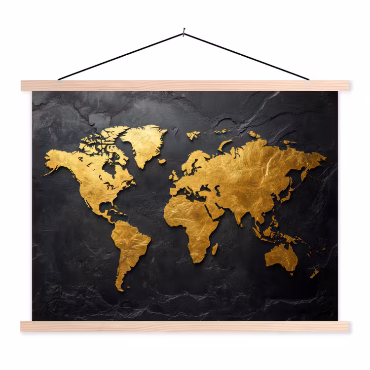 Wereldkaart - Goud - Steen textielposter latten blank klein -3d