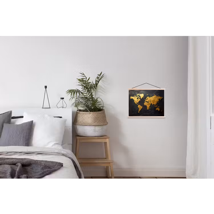 Wereldkaart - Goud - Steen textielposter latten blank klein -woonkamer