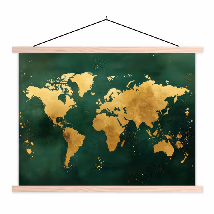 Wereldkaart - Groen - Goud textielposter latten blank klein -3d