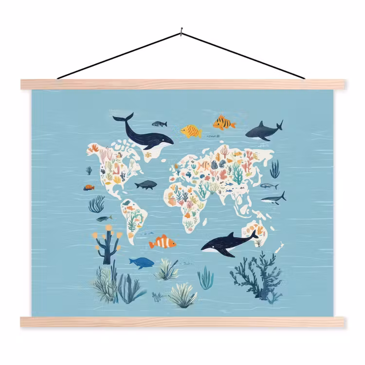Wereldkaart - Zeeleven - Blauw textielposter latten blank klein -3d