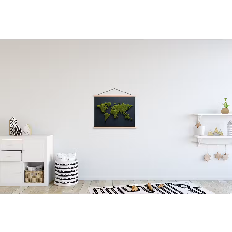 Wereldkaart - Mos -Levendig effect textielposter latten blank klein -kinderkamer