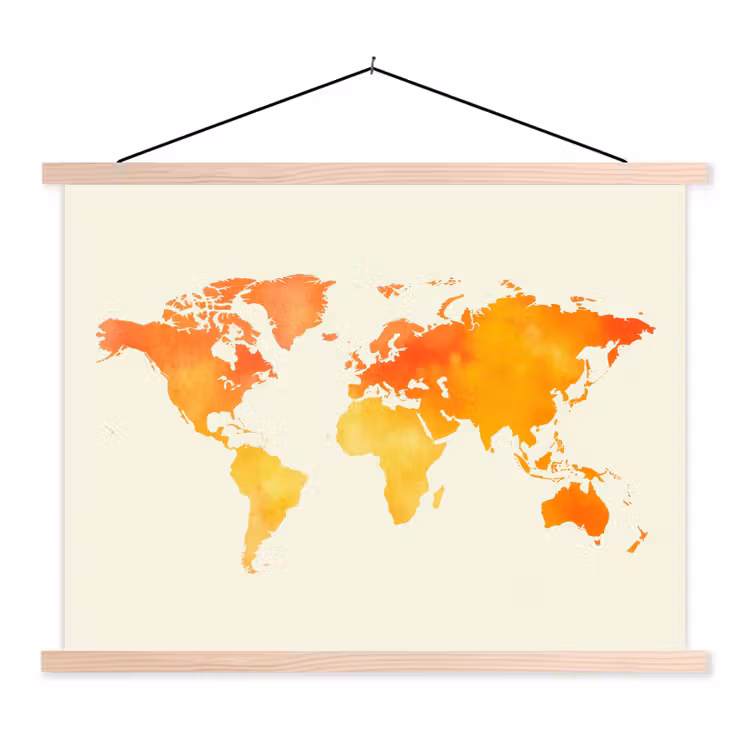 Wereldkaart - Oranje - Kleurrijk textielposter latten blank klein -3d