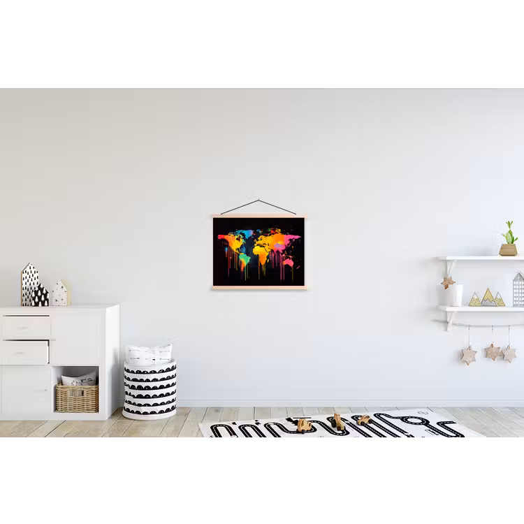 Wereldkaart - Verf - Kleurrijk - Graffiti - Wereld textielposter latten blank klein -kinderkamer