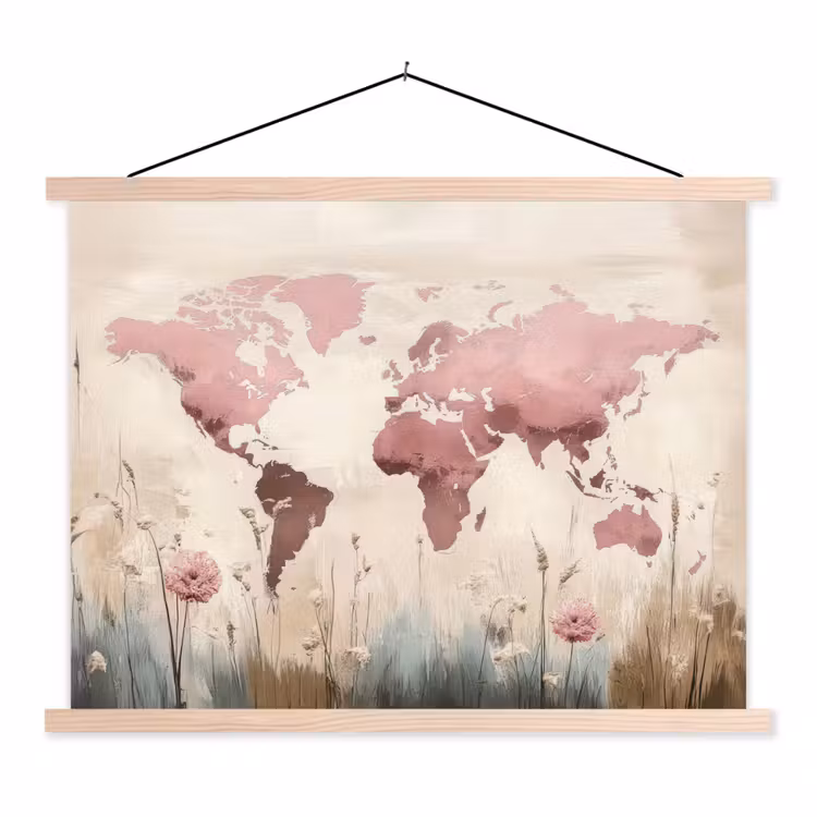Wereldkaart - Roze - Bloemen textielposter latten blank klein -3d
