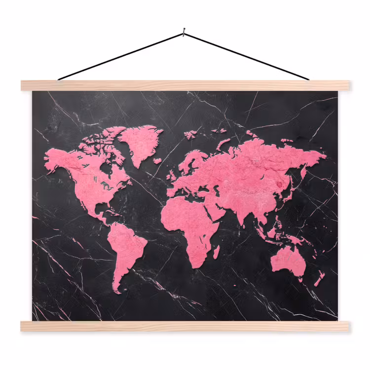 Wereldkaart - Roze - Marmer textielposter latten blank klein -3d