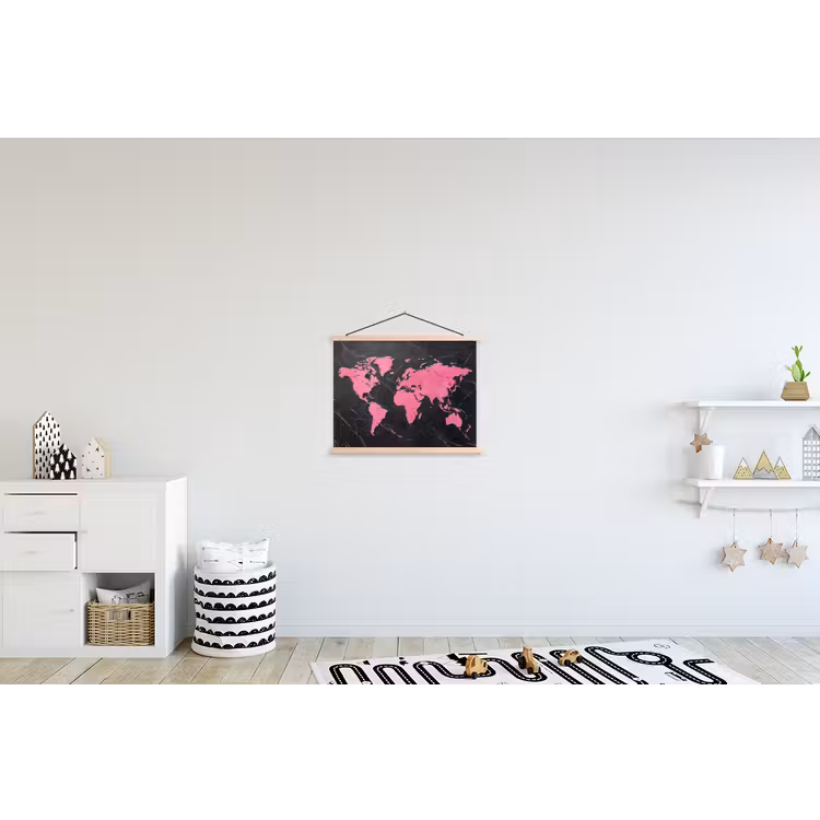 Wereldkaart - Roze - Marmer textielposter latten blank klein -kinderkamer