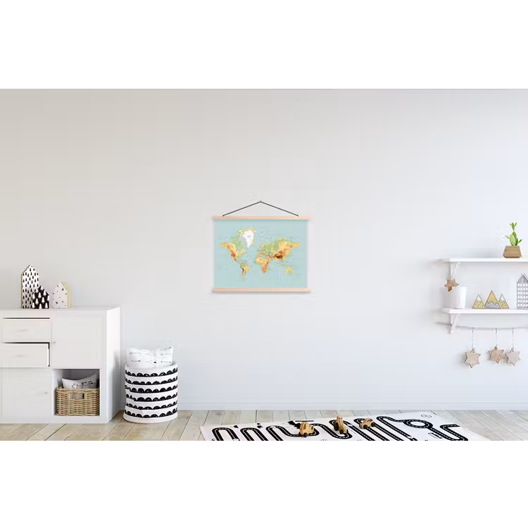 Wereldkaart - Realistisch - Blauw textielposter latten blank klein -kinderkamer