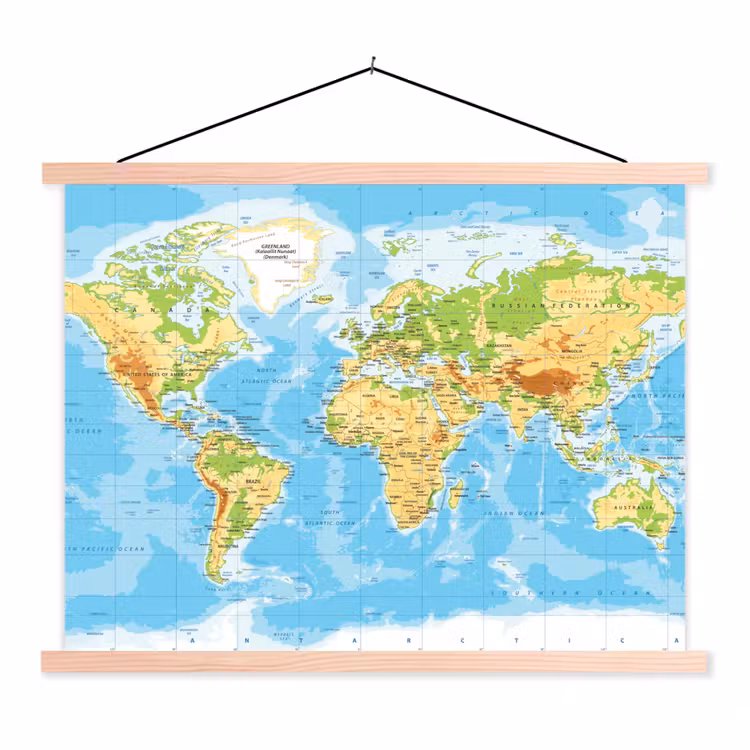 Wereldkaart - Staatkundig - Blauw - Aarde - Educatief textielposter latten blank klein -3d