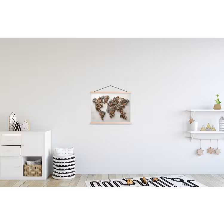 Wereldkaart - Stenen - Wit textielposter latten blank klein -kinderkamer