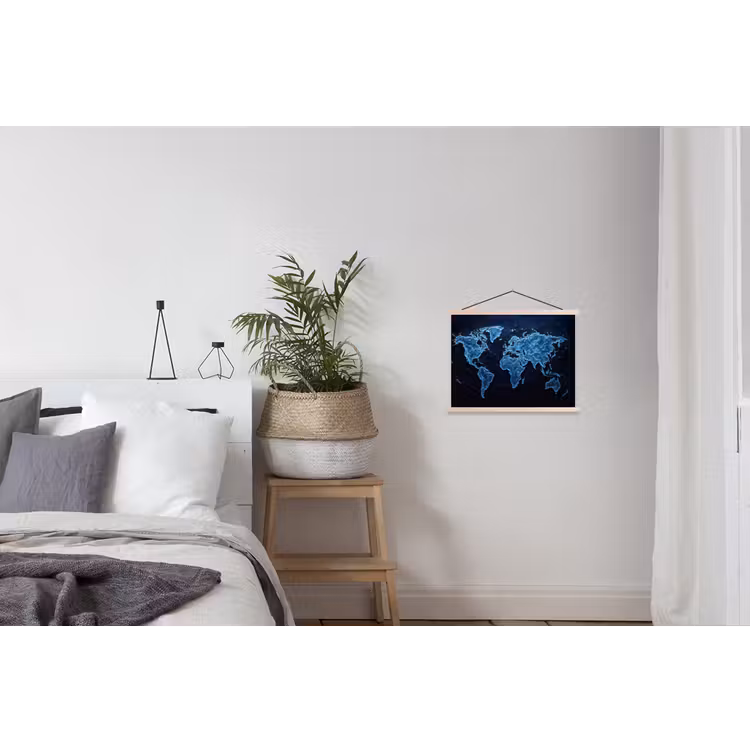 Wereldkaart - Waterstructuur - Blauw textielposter latten blank klein -woonkamer