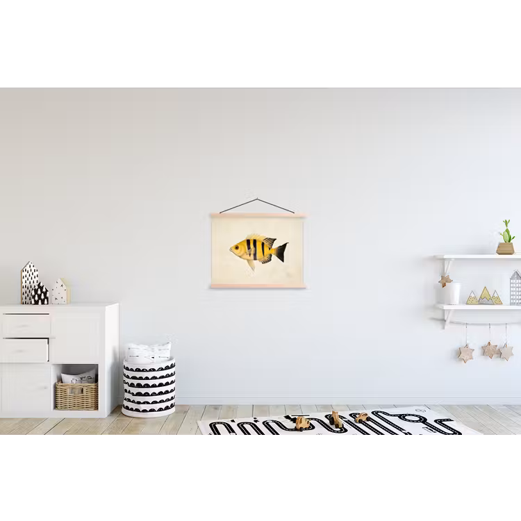 Geel - Vis - Strepen - Tropisch textielposter latten blank klein -kinderkamer