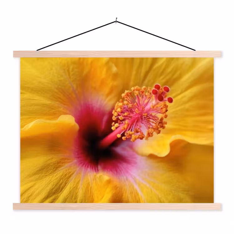 Geel - Hibiscus - Tropisch textielposter latten blank klein -3d