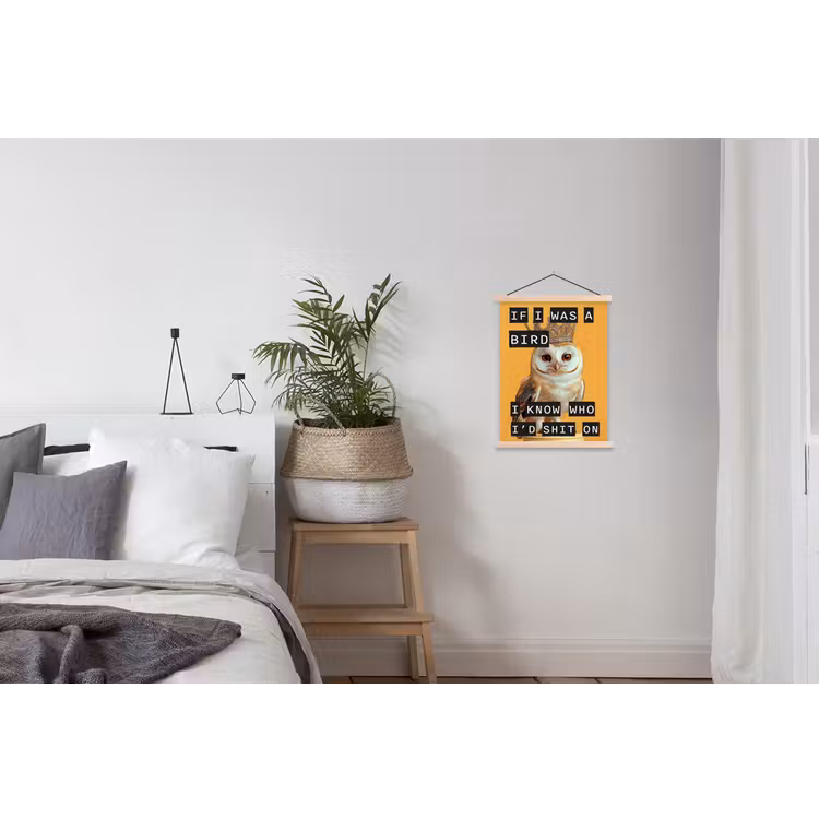 Geel - Uil - Vogel - Decoratie textielposter latten blank klein -woonkamer