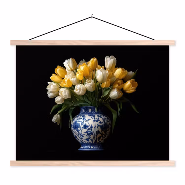 Geel - Tulpen - Vaas - Bloemen textielposter latten blank klein -3d