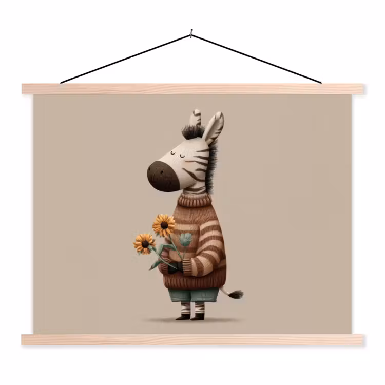 Zebra - Zonnebloemen - Warm textielposter latten blank klein -3d