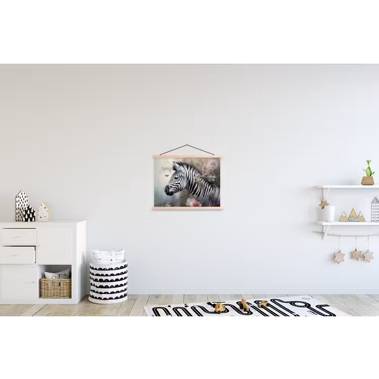 Zebra - Wilde dieren - Vlinder - Bloemen textielposter latten blank klein -kinderkamer