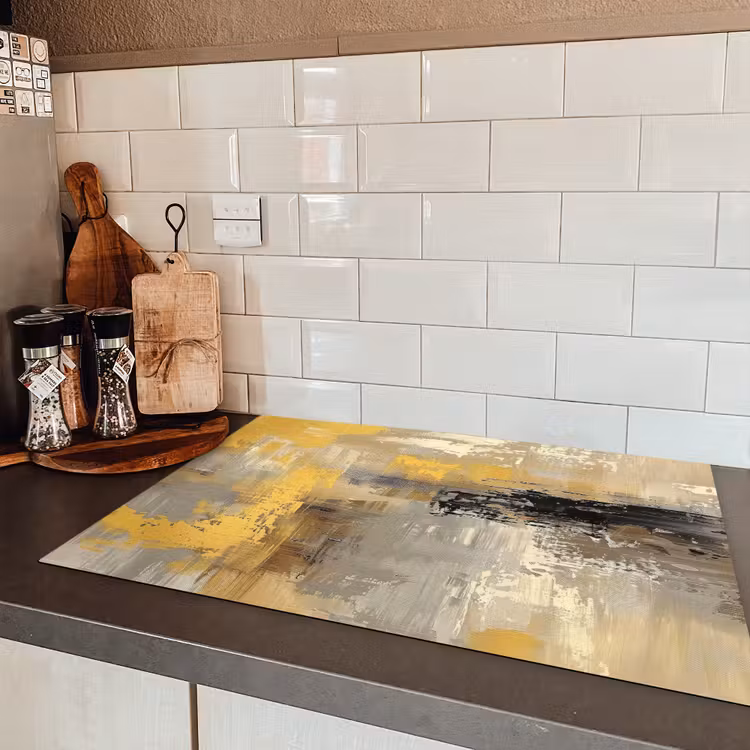 Abstract - Geel - Modern - Beige Inductie beschermer vinyl 3mm klein -sfeer3