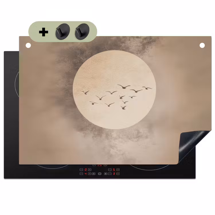 Vogel - Beige - Japandi Inductie beschemer met haakjes klein -3d