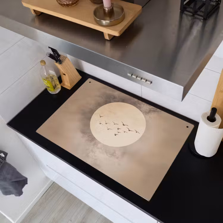 Vogel - Beige - Japandi Inductie beschemer met haakjes klein -sfeer1