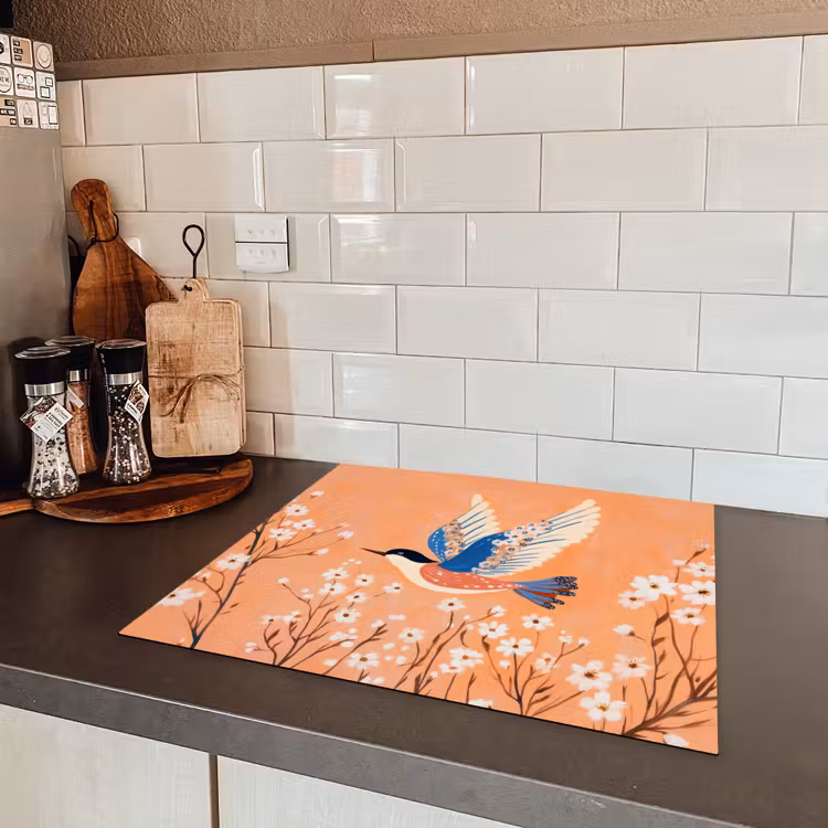 Vogel - Bloesemtakken - Warm - Kleurrijk Inductie beschermer vinyl 3mm middel -sfeer3