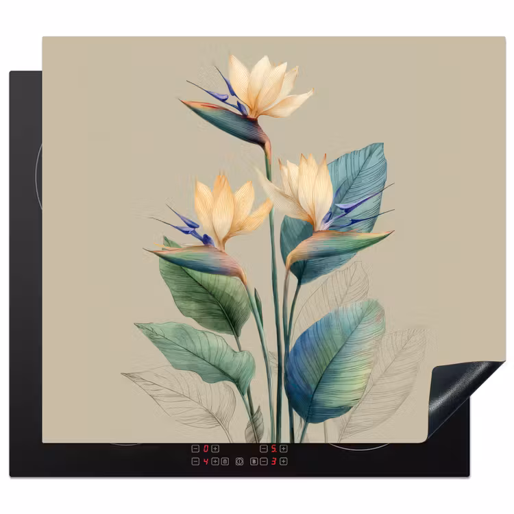 Paradijsvogelbloemen - Blauwgroene bladeren - Beige Inductie beschermer vinyl 3mm middel -3d